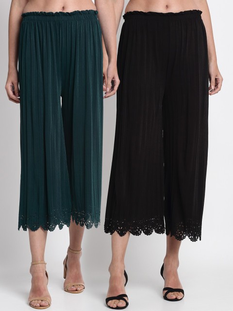 

NEUDIS Women Pack of 2 Solid Laser Cut Culottes, Green