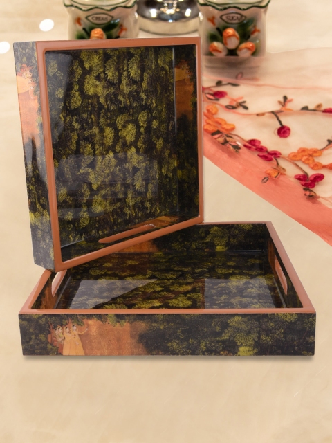 

Tistabene Set Of 2 Black & Green Taru Forest Printed Trays
