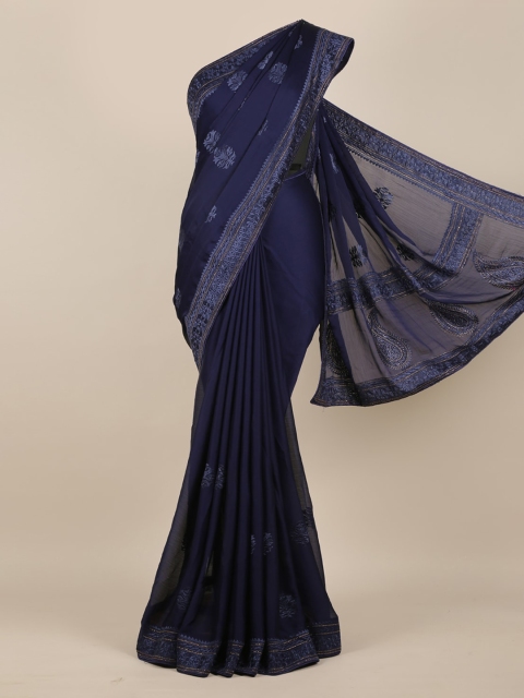 Pothys Navy Blue Embroidered Pure Georgette Saree