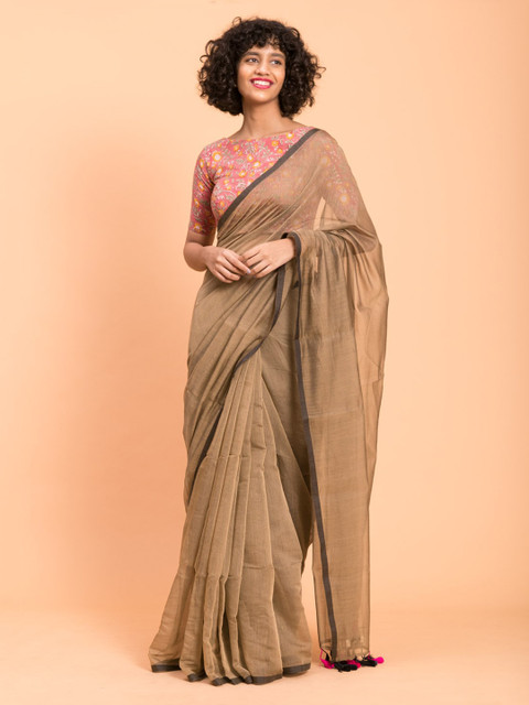 

Suta Brown Solid Saree with Tasseled Pallu