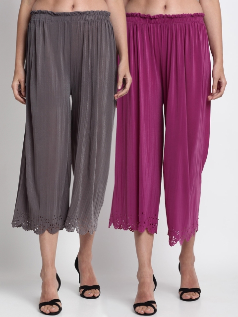 

NEUDIS Women Pack Of 2 Grey & Purple Flared Solid Culottes