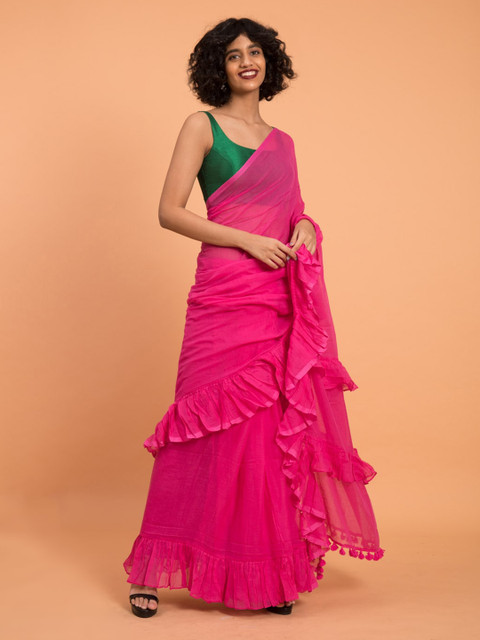 

Suta Pink Solid Pure Cotton Ruffle Saree