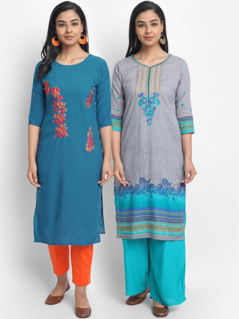 

7Threads Women Pack Of 2 Blue Floral Embroidered Thread Work Kurta