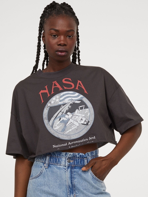 

H&M Women Black & Grey Printed Boxy Crop Top