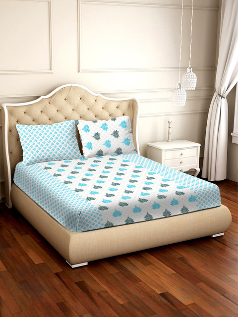

BELLA CASA White & Blue Ethnic Motifs 250 TC Cotton 1 King Bedsheet with 2 Pillow Covers