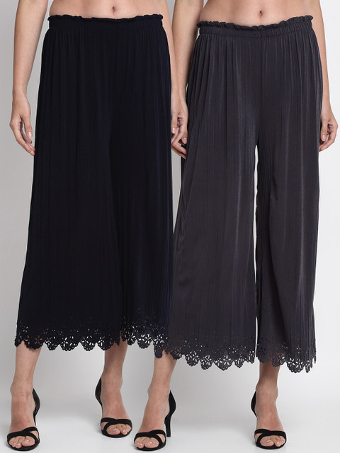 

NEUDIS Women Pack Of 2 Navy Blue & Grey Flared Solid Culottes