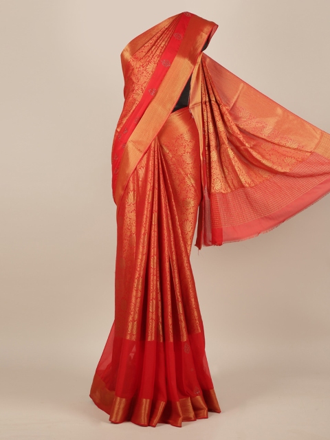 

Pothys Orange & Gold-Toned Pure Chiffon Woven Design Saree