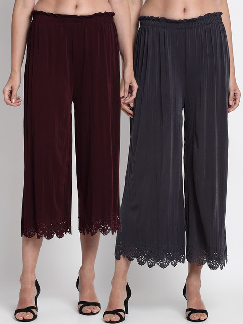 

NEUDIS Women Pack Of 2 Burgundy & Grey Regular Fit Solid Culottes