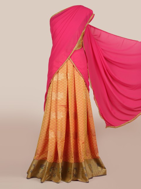 

Pothys Pink & Yellow Woven Design Semi-Stitched Lehenga & Blouse with Dupatta