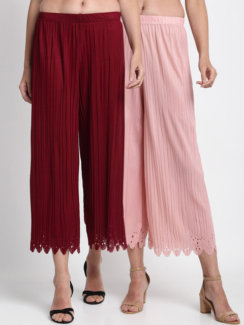 

NEUDIS Women Maroon & Pink Hem Design Straight Palazzos