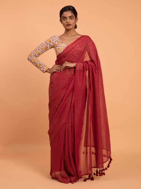 

Suta Red Zari Striped Pure Cotton Handloom Saree