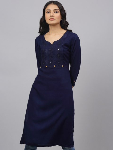 

ANAISA Women Navy Blue Ethnic Motifs Yoke Design Embroidered Kurta