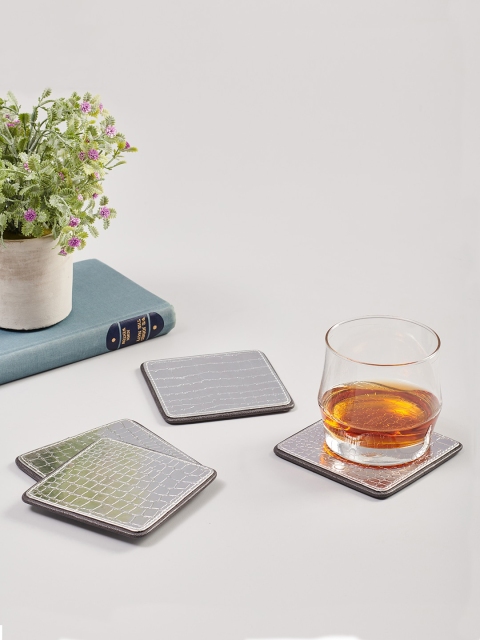 

Pure Home and Living Set Of 4 Silver-Toned & Black Textured Croco Coasters