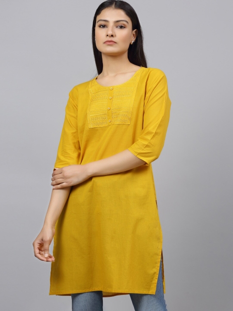

ANAISA Women Mustard Yellow Embroidered Straight Kurta