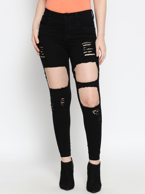 

AMMARZO Women Black Slim Fit Mid-Rise Highly Distressed Jeans