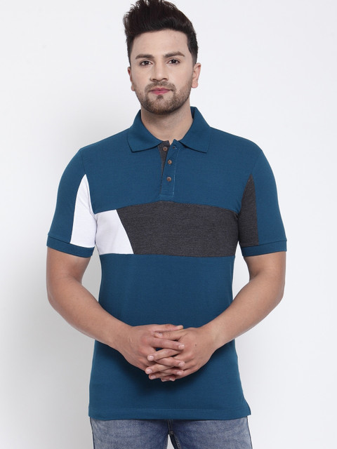 

Kalt Men Teal Blue & Grey Colourblocked Polo Collar T-shirt