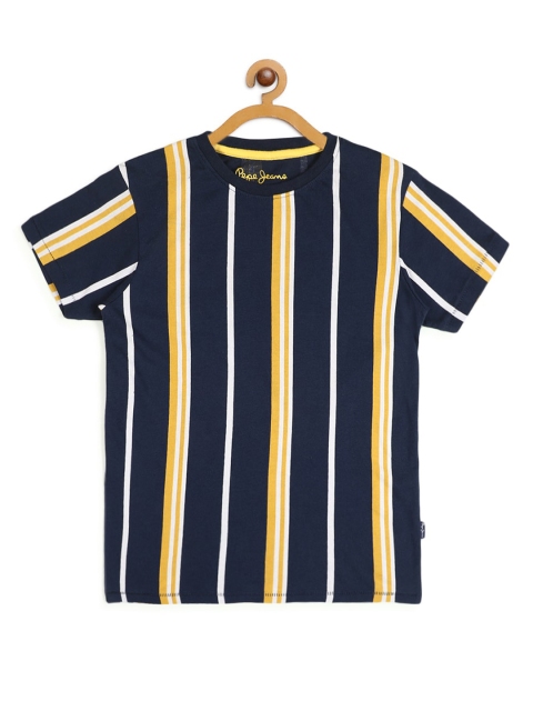 

Pepe Jeans Boys Yellow & Navy Blue Striped Round Neck T-shirt