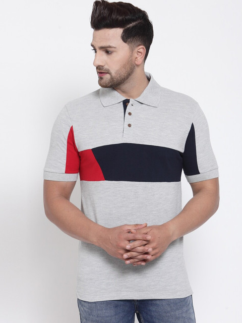 

Kalt Men Grey Melange Colourblocked Polo Collar T-shirt