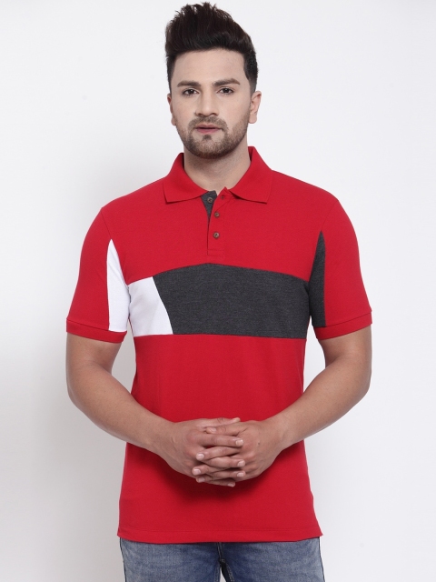 

Kalt Men Red & Charcoal Grey Colourblocked Polo Collar T-shirt
