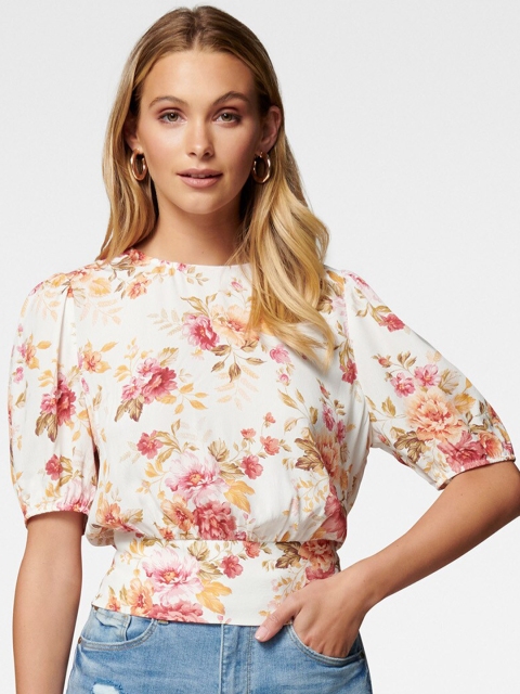 

Forever New White Floral Printed Puff Sleeves Blouson Top