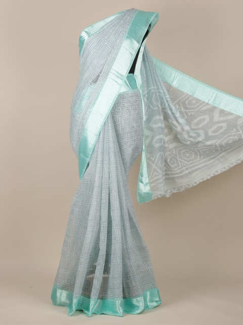 

Pothys Grey & Sea Green Jute Silk Printed Saree