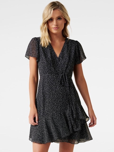 

Forever New Women Black & White Printed Wrap Dress