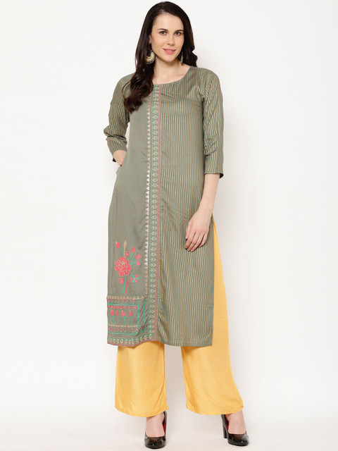 

Ramas Women Olive Green Striped Thread Work Kurta