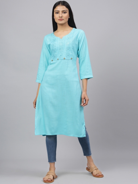 

ANAISA Women Turquoise Blue Embroidered Chikankari Kurta