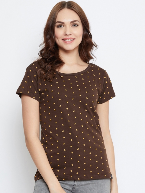 

NEVA Women Coffee Brown & Yellow Printed Round Neck T-shirt
