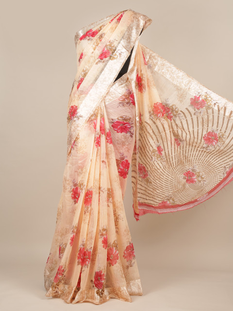 

Pothys Peach-Coloured Printed Jute Silk Saree