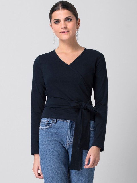 

FabAlley Women Blue Navy Self Tie Belted Knit Top