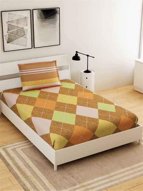

Salona Bichona Brown Geometric 144 TC Polyester 1 Single Bedsheet with 1 Pillow Covers