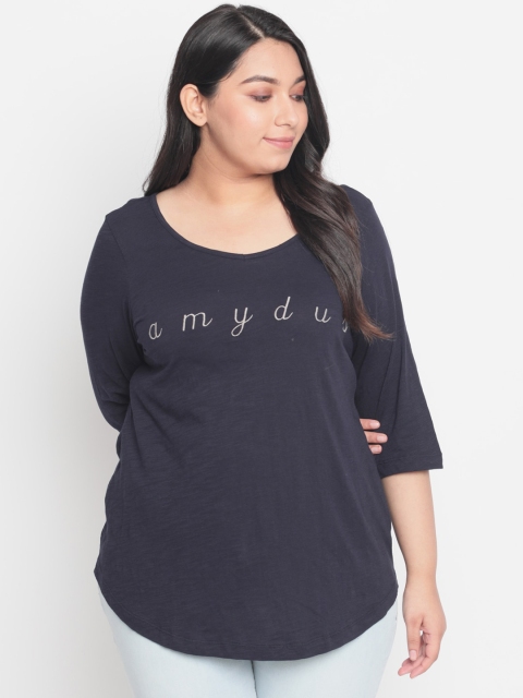 

Amydus Women Navy Blue Self Design V-Neck T-shirt