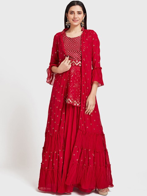 

Neerus Women Red & Gold-Toned Embellished Top with Skirt & Ethnic Jacket
