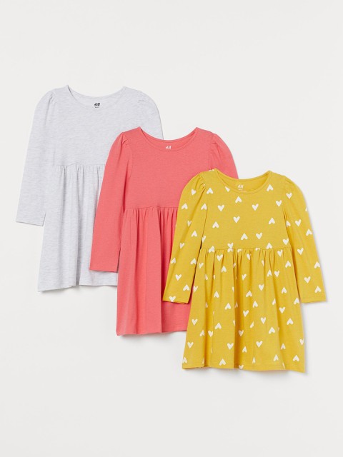

H&M Girls Multicoloured 3-Pack Cotton Sustainable Dresses, Multi