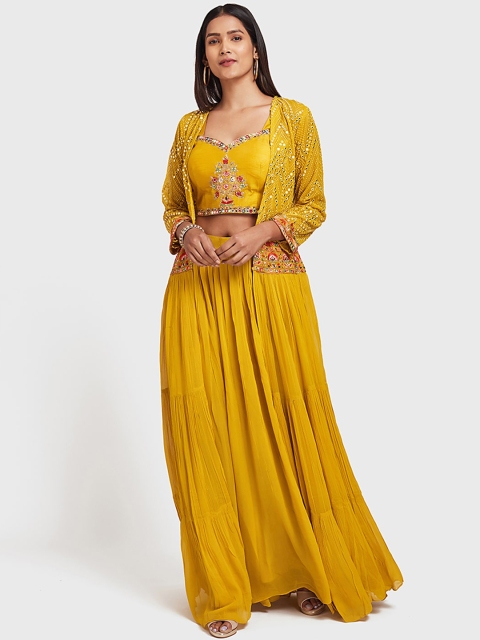 

Neerus Women Yellow Embellished Top with Skirt & Jacket