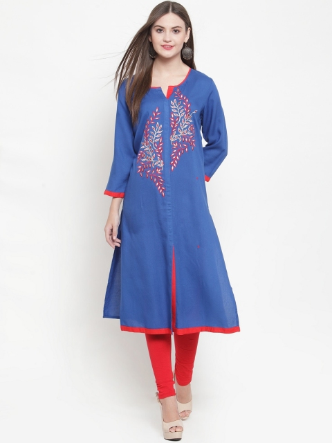 

WESTCLO Women Blue Floral Embroidered Thread Work Kurta