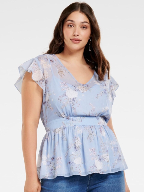 

Forever New Blue Floral Printed Flutter Sleeves Cinched Waist Top