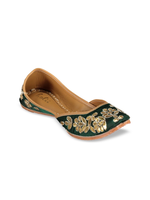 

Holii Women Green Embellished Leather Mojaris