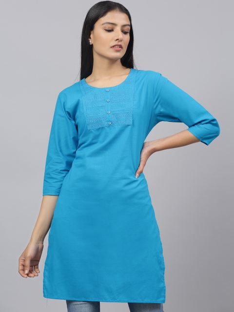 ANAISA Women Blue Yoke Design Embroidered Kurta