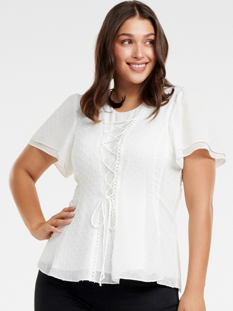 

Forever New White Flutter Sleeves Cinched Waist Top