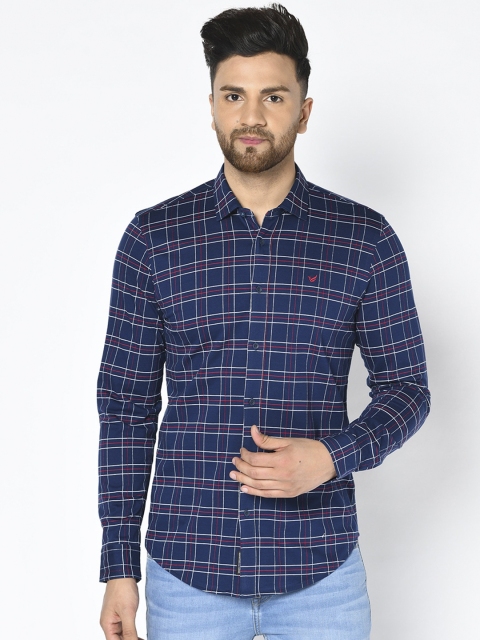 

Blackberrys Men Navy Blue & Red Trim Skinny Fit Checked Casual Shirt