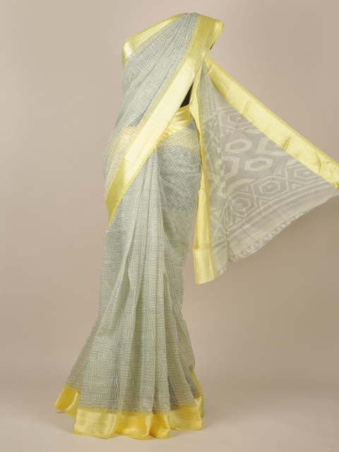 

Pothys Grey & Yellow Jute Silk Printed Saree
