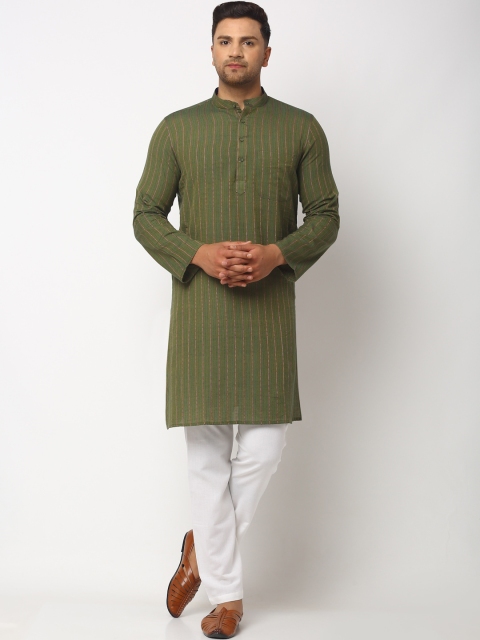 

NEUDIS Men Olive Green Striped Thread Work Handloom Kurta