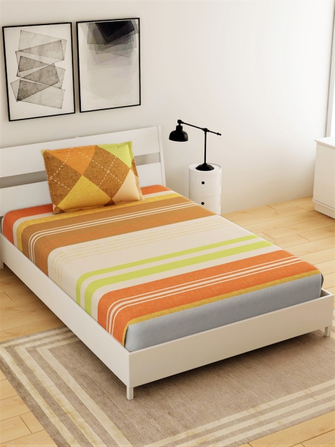 

Salona Bichona Brown & Green Striped 144 TC Polyester 1 Single Bedsheet with 1 Pillow Covers