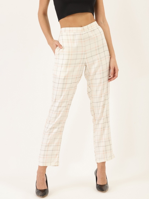 

Cottinfab Women Off-White & Grey Straight Fit Checked Regular Trousers