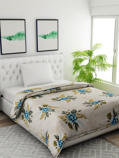 

Salona Bichona Beige & Blue Floral AC Room 120 GSM Single Bed Comforter