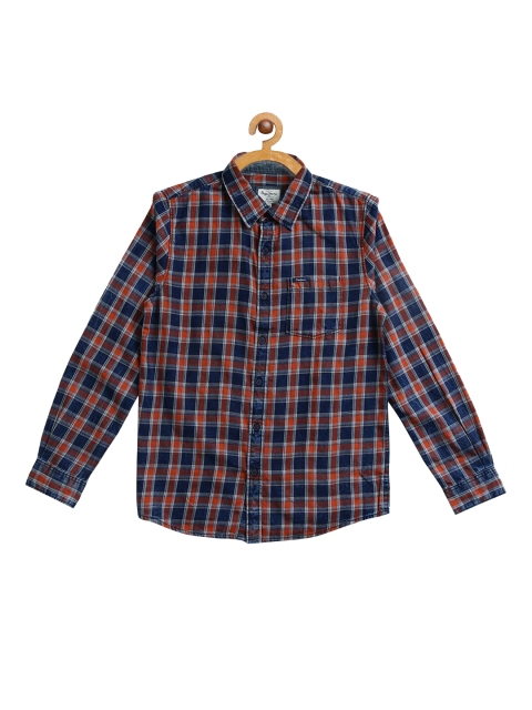 Pepe Jeans Boys Orange & Navy Blue Regular Fit Checked Casual Shirt