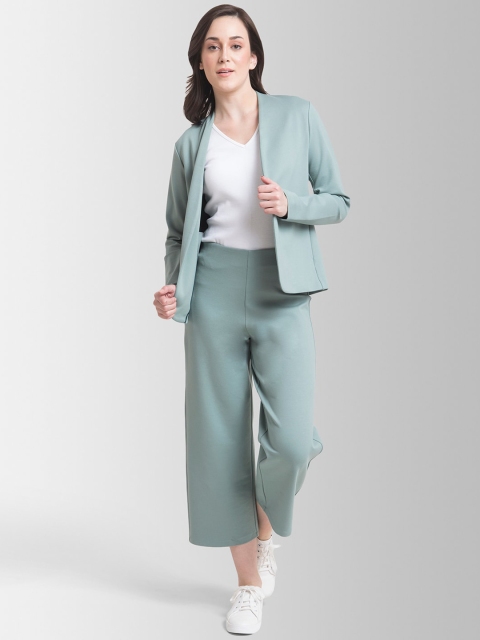 

FableStreet Women Green Solid Coat with Trousers
