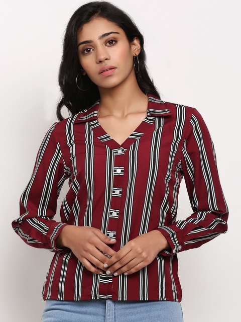 

Slenor Women Maroon & Black Regular Fit Striped Casual Shirt